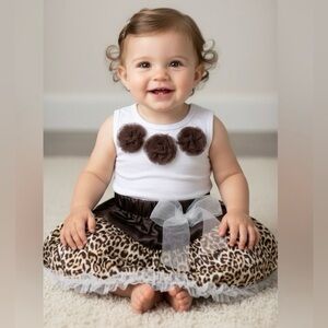 Handmade Baby Girl Boho Leopard Print Satin Tutu & Rosette Tank Set-Size 12-18 M